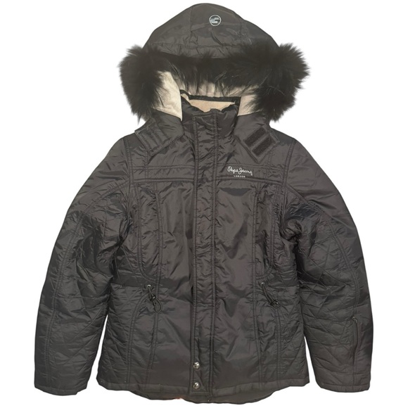 Pepe Jeans London Quilted Down Jacket with Real Coyote Fur Hood – Size L - Picture 1 of 8